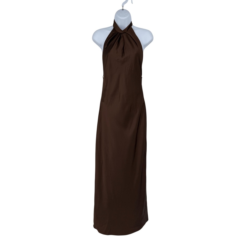 Zara Chocolate Brown Satin Halter Neck Backless Maxi Dress XS 90s Sexy